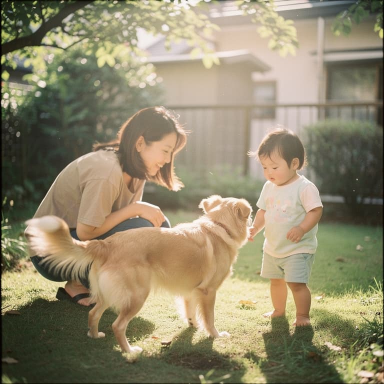 A film photograph of a parent playing with their toddler and a dog in a backyard