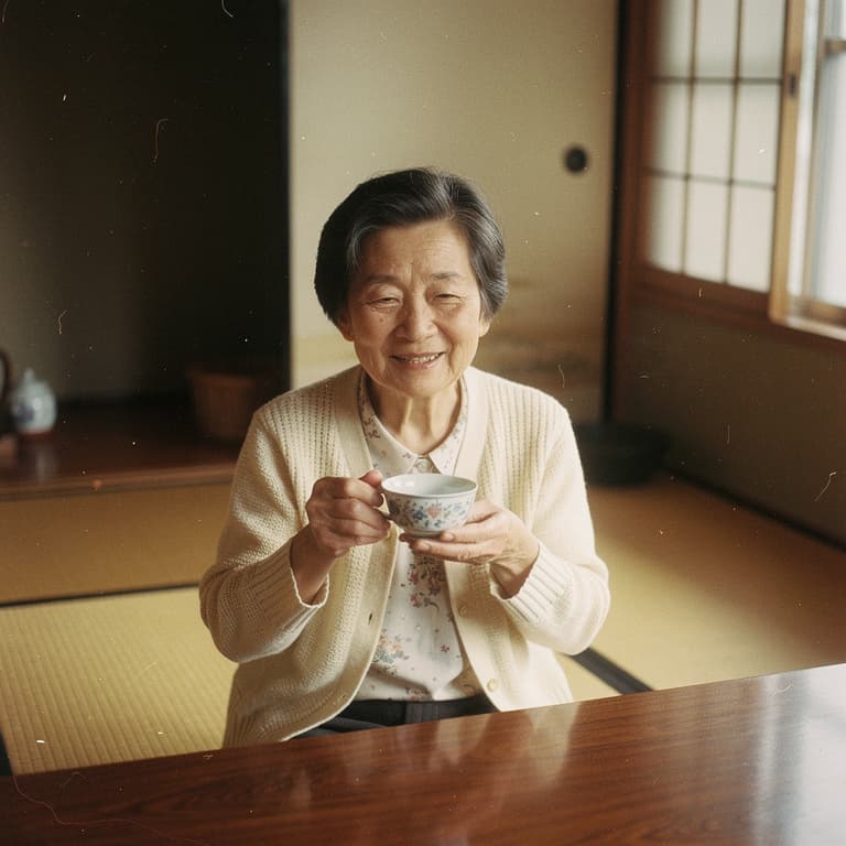 A sepia-toned 1985 photograph of an elderly woman drinking tea
