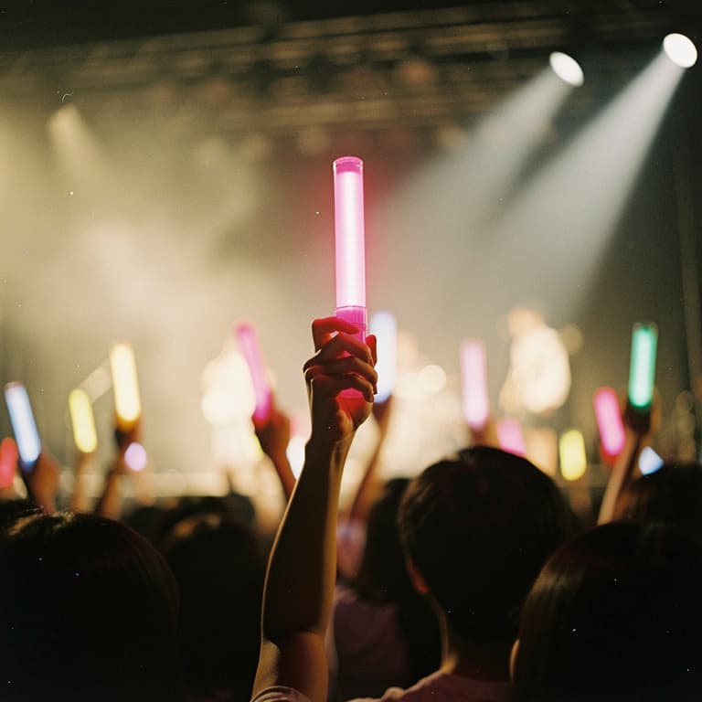 A hand raised holding a pink penlight at a concert