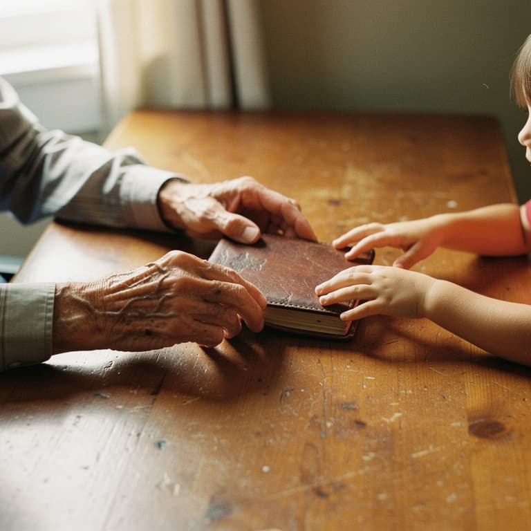 An elderly hand passing a leather photo album to a child’s hand