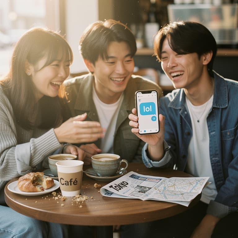 A group of friends laughing together at a cafe